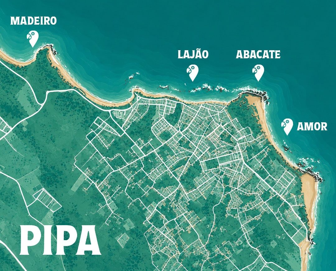 Mapa de Pipa mostrando a posição central do Surfcamp Arara em relação às praias Madeiro, Lajão, Abacate e Amor